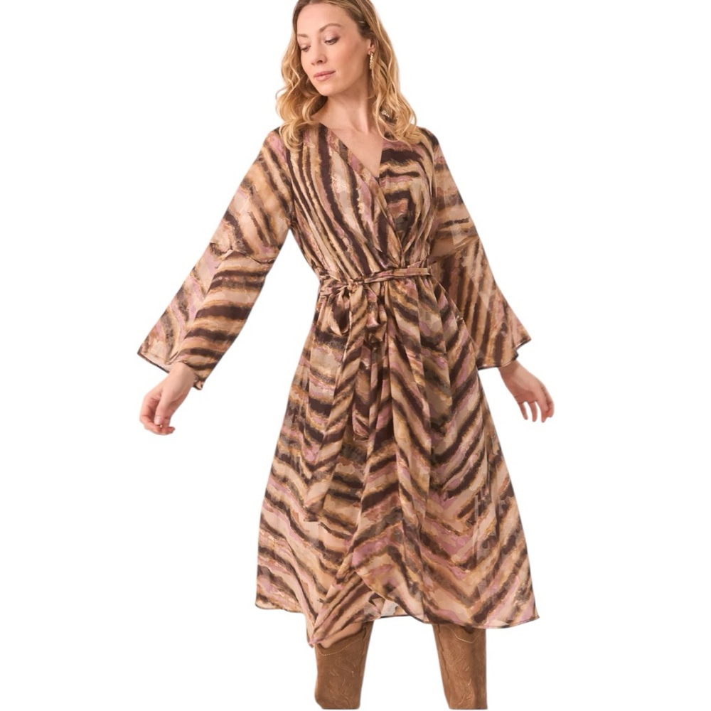 NKN Nekane Camel Mauve Black Animal Print Faux Wrap Midi Dress Small Reg. $197 - Picture 6 of 15